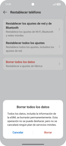 Pulsa Borrar. Espera unos instantes mientras el teléfono restablece la configuración predeterminada. Sigue las indicaciones de la pantalla para configurar el teléfono y dejarlo listo para su uso. Pulsa Borrar. Espera unos instantes mientras el teléfono restablece la configuración predeterminada. Sigue las indicaciones de la pantalla para configurar el teléfono y dejarlo listo para su uso.