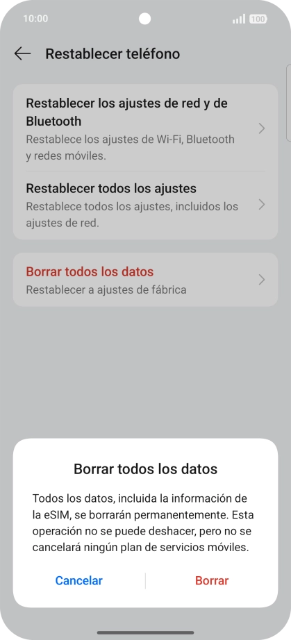 Pulsa Borrar. Espera unos instantes mientras el teléfono restablece la configuración predeterminada. Sigue las indicaciones de la pantalla para configurar el teléfono y dejarlo listo para su uso. Pulsa Borrar. Espera unos instantes mientras el teléfono restablece la configuración predeterminada. Sigue las indicaciones de la pantalla para configurar el teléfono y dejarlo listo para su uso.