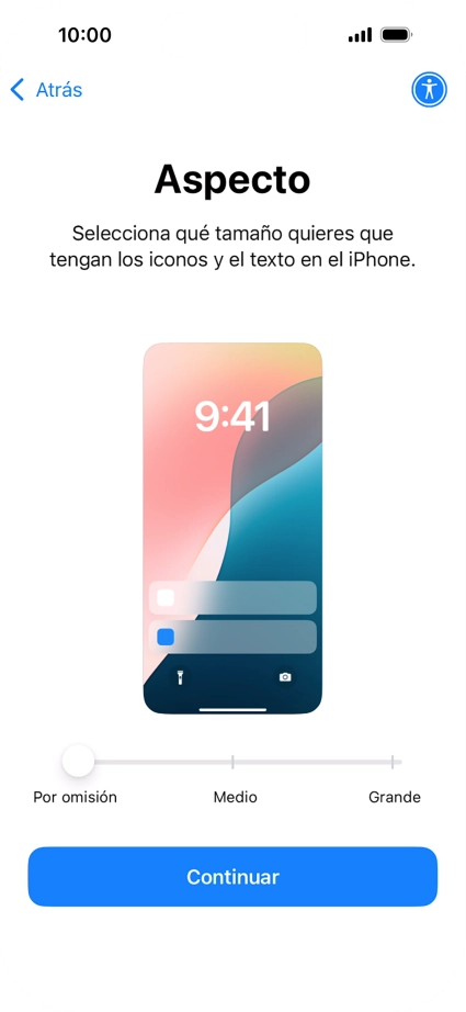 Selecciona el tamaño de letra y de los iconos que debe tener el teléfono y pulsa Continuar. Selecciona el tamaño de letra y de los iconos que debe tener el teléfono y pulsa Continuar.