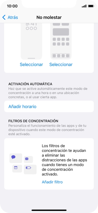 Pulsa Añadir horario y sigue las indicaciones de la pantalla para seleccionar los ajustes de la activación automática de No molestar. Pulsa Añadir horario y sigue las indicaciones de la pantalla para seleccionar los ajustes de la activación automática de No molestar.