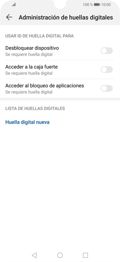 Pulsa Huella digital nueva y sigue las indicaciones de la pantalla para configurar una huella digital como código de seguridad del teléfono. Pulsa Huella digital nueva y sigue las indicaciones de la pantalla para configurar una huella digital como código de seguridad del teléfono.