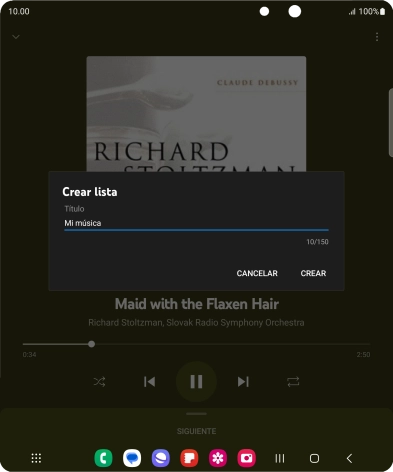 Introduce el nombre deseado de la lista de reproducción y pulsa CREAR. Introduce el nombre deseado de la lista de reproducción y pulsa CREAR.