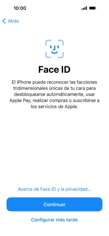 Sigue las indicaciones de la pantalla para activar el uso del reconocimiento facial (Face ID) o pulsa Configurar más tarde. Sigue las indicaciones de la pantalla para activar el uso del reconocimiento facial (Face ID) o pulsa Configurar más tarde.