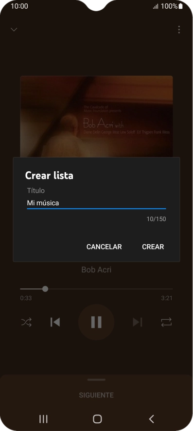Introduce el nombre deseado de la lista de reproducción y pulsa CREAR. Introduce el nombre deseado de la lista de reproducción y pulsa CREAR.