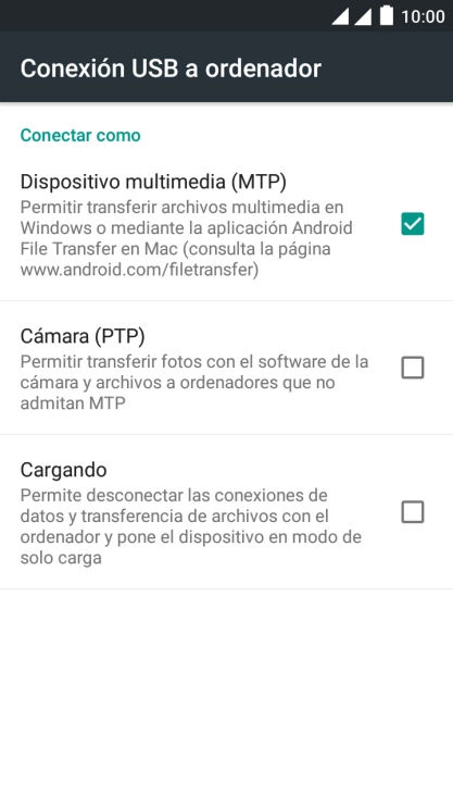 Pulsa Dispositivo multimedia (MTP) para activar la función. Pulsa Dispositivo multimedia (MTP) para activar la función.