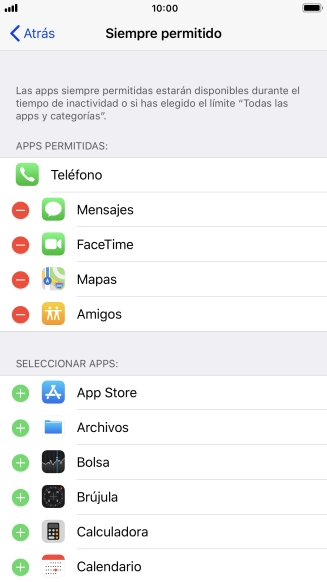 Pulsa el icono de eliminar junto a la app deseada para borrarla de la lista de apps permitidas bajo el tiempo de inactividad de pantalla. Pulsa el icono de eliminar junto a la app deseada para borrarla de la lista de apps permitidas bajo el tiempo de inactividad de pantalla.