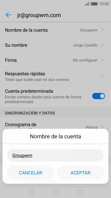 Pulsa ACEPTAR e introduce el nombre de la cuenta de correo electrónico.