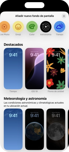 Pulsa una categoría y sigue las indicaciones de la pantalla para seleccionar la imagen de fondo deseada. Pulsa una categoría y sigue las indicaciones de la pantalla para seleccionar la imagen de fondo deseada.
