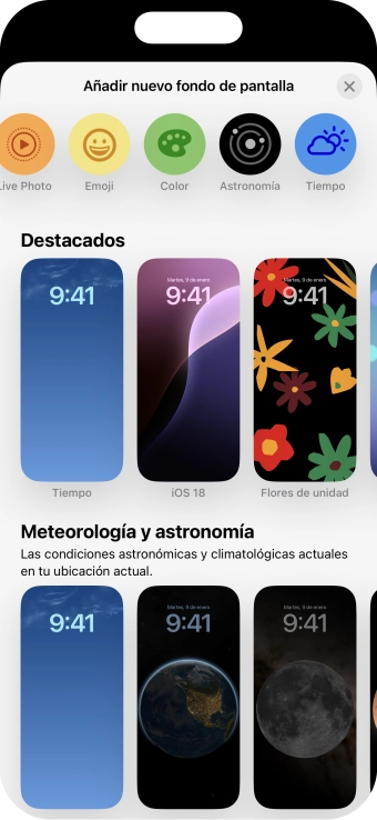 Pulsa una categoría y sigue las indicaciones de la pantalla para seleccionar la imagen de fondo deseada. Pulsa una categoría y sigue las indicaciones de la pantalla para seleccionar la imagen de fondo deseada.