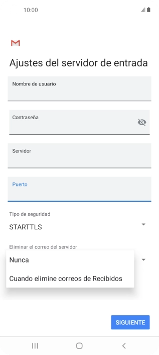Pulsa Nunca para conservar los correos electrónicos en el servidor cuando los borras del teléfono. Pulsa Nunca para conservar los correos electrónicos en el servidor cuando los borras del teléfono.