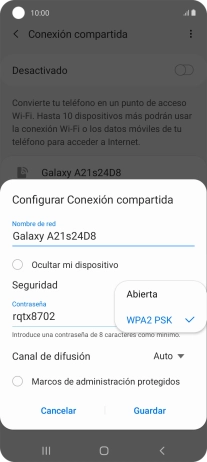 Pulsa WPA2 PSK para proteger la conexión wifi con una contraseña. Pulsa WPA2 PSK para proteger la conexión wifi con una contraseña.