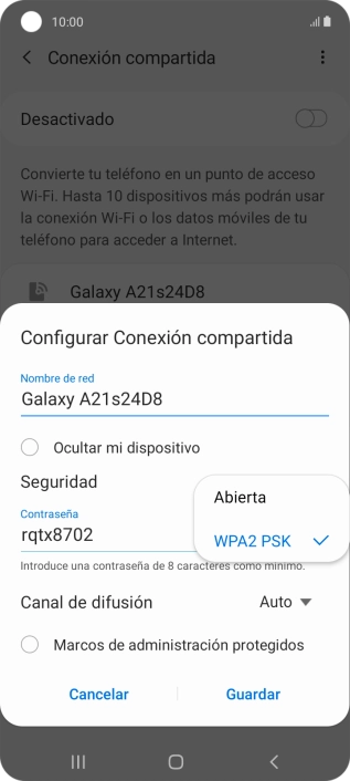 Pulsa WPA2 PSK para proteger la conexión wifi con una contraseña. Pulsa WPA2 PSK para proteger la conexión wifi con una contraseña.