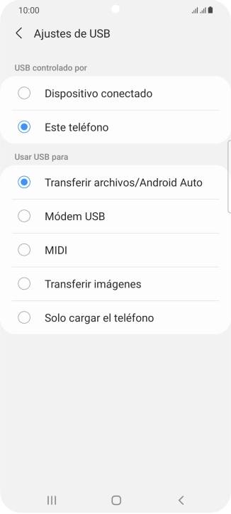 Pulsa Transferir archivos/Android Auto. Pulsa Transferir archivos/Android Auto.