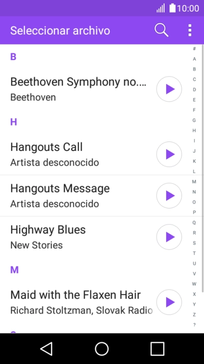 Pulsa el icono de reproducción junto a los timbres de llamada deseados para escucharlos. Pulsa el icono de reproducción junto a los timbres de llamada deseados para escucharlos.