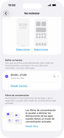 Pulsa Añadir horario y sigue las indicaciones de la pantalla para seleccionar los ajustes de la activación automática de No molestar.