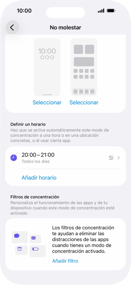 Pulsa Añadir horario y sigue las indicaciones de la pantalla para seleccionar los ajustes de la activación automática de No molestar.