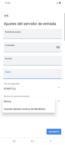 Pulsa Nunca para conservar los correos electrónicos en el servidor cuando los borras del teléfono. Pulsa Nunca para conservar los correos electrónicos en el servidor cuando los borras del teléfono.