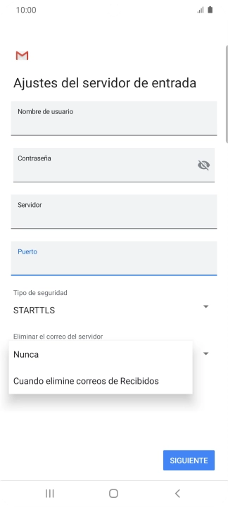 Pulsa Nunca para conservar los correos electrónicos en el servidor cuando los borras del teléfono. Pulsa Nunca para conservar los correos electrónicos en el servidor cuando los borras del teléfono.