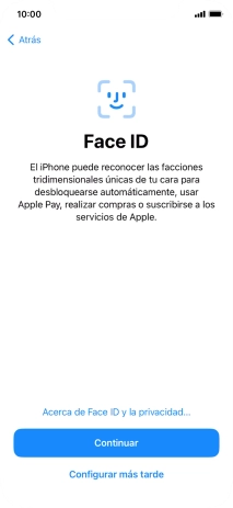 Sigue las indicaciones de la pantalla para activar el uso del reconocimiento facial (Face ID) o pulsa Configurar más tarde. Sigue las indicaciones de la pantalla para activar el uso del reconocimiento facial (Face ID) o pulsa Configurar más tarde.