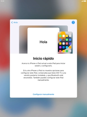 Sigue las indicaciones de la pantalla para transferir contenido de otro dispositivo iOS11 o con una versión más reciente o pulsa Configurar manualmente. Sigue las indicaciones de la pantalla para transferir contenido de otro dispositivo iOS11 o con una versión más reciente o pulsa Configurar manualmente.