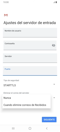 Pulsa Nunca para conservar los correos electrónicos en el servidor cuando los borras del teléfono. Pulsa Nunca para conservar los correos electrónicos en el servidor cuando los borras del teléfono.
