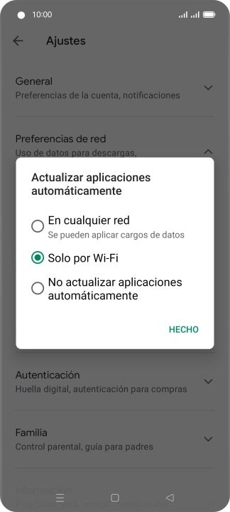 Para activar la actualización automática de apps utilizando la red móvil, pulsa En cualquier red. Para activar la actualización automática de apps utilizando la red móvil, pulsa En cualquier red.