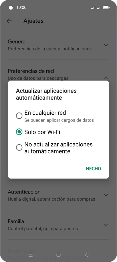 Para activar la actualización automática de apps utilizando la red móvil, pulsa En cualquier red. Para activar la actualización automática de apps utilizando la red móvil, pulsa En cualquier red.