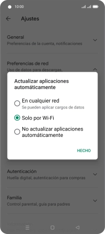 Para activar la actualización automática de apps utilizando la red móvil, pulsa En cualquier red. Para activar la actualización automática de apps utilizando la red móvil, pulsa En cualquier red.