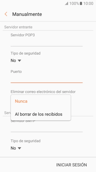 Pulsa Nunca para conservar los correos electrónicos en el servidor cuando los borras del teléfono.