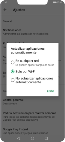 Para activar la actualización automática de apps utilizando la red móvil, pulsa En cualquer red. Se pueden aplicar cargos de datos. Para activar la actualización automática de apps utilizando la red móvil, pulsa En cualquer red. Se pueden aplicar cargos de datos.