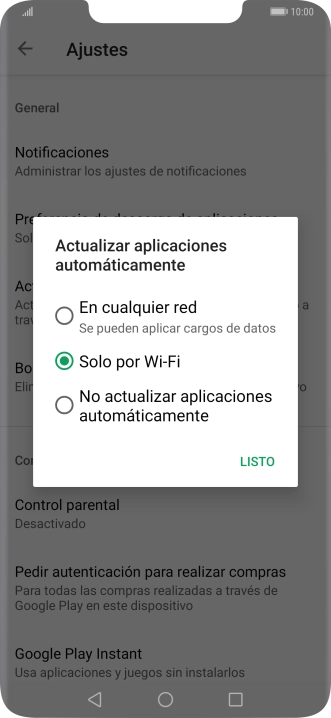 Para activar la actualización automática de apps utilizando la red móvil, pulsa En cualquer red. Se pueden aplicar cargos de datos. Para activar la actualización automática de apps utilizando la red móvil, pulsa En cualquer red. Se pueden aplicar cargos de datos.