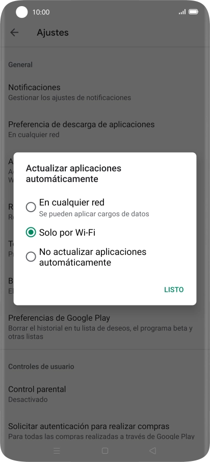 Para activar la actualización automática de apps utilizando la red móvil, pulsa En cualquier red. Para activar la actualización automática de apps utilizando la red móvil, pulsa En cualquier red.