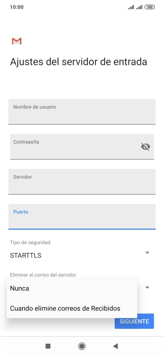 Pulsa Nunca para conservar los correos electrónicos en el servidor cuando los borras del teléfono. Pulsa Nunca para conservar los correos electrónicos en el servidor cuando los borras del teléfono.