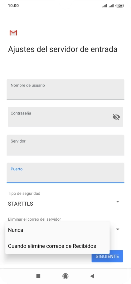 Pulsa Nunca para conservar los correos electrónicos en el servidor cuando los borras del teléfono. Pulsa Nunca para conservar los correos electrónicos en el servidor cuando los borras del teléfono.