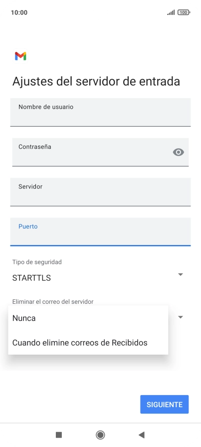 Pulsa Nunca para conservar los correos electrónicos en el servidor cuando los borras del teléfono. Pulsa Nunca para conservar los correos electrónicos en el servidor cuando los borras del teléfono.