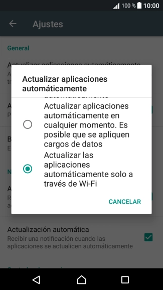 Pulsa Actualizar las aplicaciones automáticamente solo a través de Wi-Fi para activar la función.