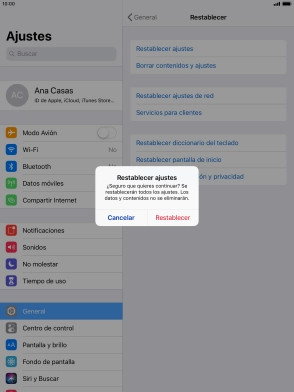 Pulsa Restablecer. Espera unos instantes mientras la tablet restablece la configuración predeterminada. Sigue las indicaciones de la pantalla para configurar la tablet y dejarla lista para su uso. Pulsa Restablecer. Espera unos instantes mientras la tablet restablece la configuración predeterminada. Sigue las indicaciones de la pantalla para configurar la tablet y dejarla lista para su uso.