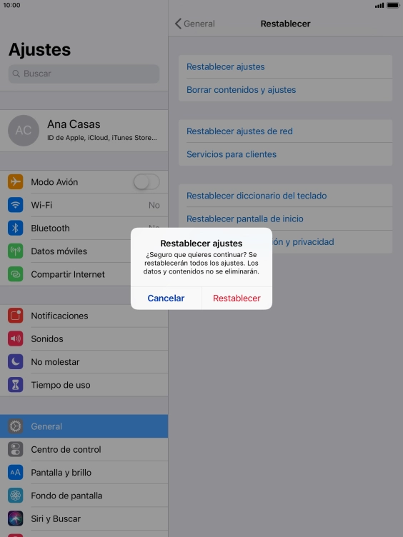 Pulsa Restablecer. Espera unos instantes mientras la tablet restablece la configuración predeterminada. Sigue las indicaciones de la pantalla para configurar la tablet y dejarla lista para su uso. Pulsa Restablecer. Espera unos instantes mientras la tablet restablece la configuración predeterminada. Sigue las indicaciones de la pantalla para configurar la tablet y dejarla lista para su uso.
