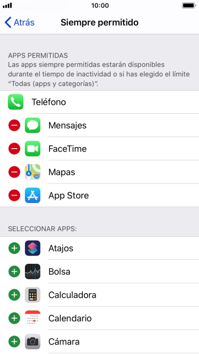 Pulsa el icono de eliminar junto a la app deseada para borrarla de la lista de apps permitidas bajo el tiempo de inactividad de pantalla. Pulsa el icono de eliminar junto a la app deseada para borrarla de la lista de apps permitidas bajo el tiempo de inactividad de pantalla.