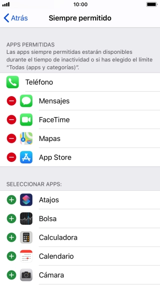 Pulsa el icono de eliminar junto a la app deseada para borrarla de la lista de apps permitidas bajo el tiempo de inactividad de pantalla. Pulsa el icono de eliminar junto a la app deseada para borrarla de la lista de apps permitidas bajo el tiempo de inactividad de pantalla.
