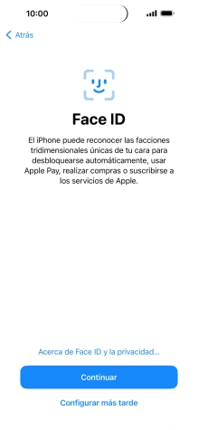 Sigue las indicaciones de la pantalla para activar el uso del reconocimiento facial (Face ID) o pulsa Configurar más tarde. Sigue las indicaciones de la pantalla para activar el uso del reconocimiento facial (Face ID) o pulsa Configurar más tarde.