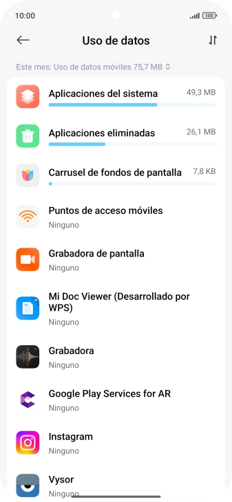 El consumo de datos por cada aplicación aparece bajo el nombre de la aplicación. El consumo de datos por cada aplicación aparece bajo el nombre de la aplicación.