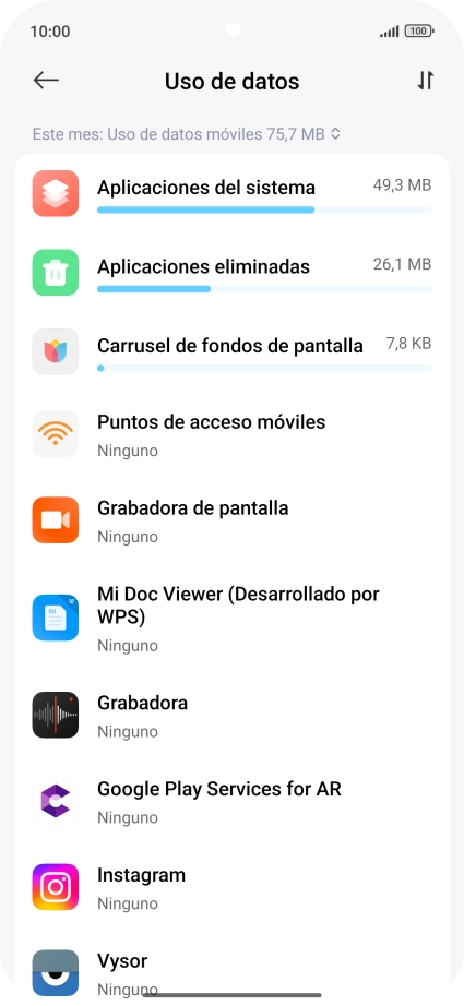 El consumo de datos por cada aplicación aparece bajo el nombre de la aplicación. El consumo de datos por cada aplicación aparece bajo el nombre de la aplicación.