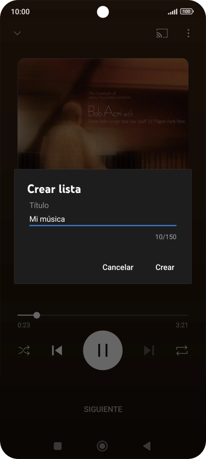 Introduce el nombre deseado de la lista de reproducción y pulsa Crear. Introduce el nombre deseado de la lista de reproducción y pulsa Crear.