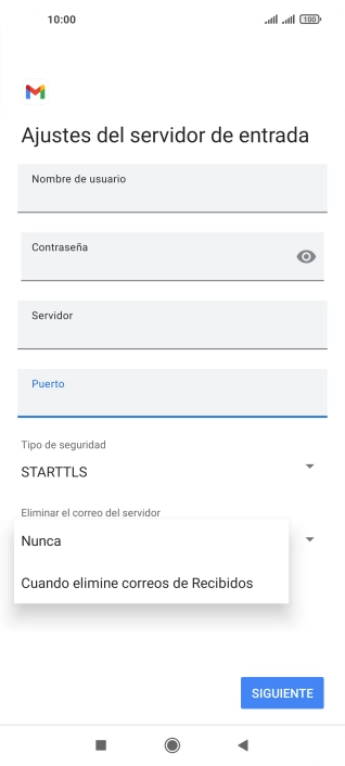 Pulsa Nunca para conservar los correos electrónicos en el servidor cuando los borras del teléfono. Pulsa Nunca para conservar los correos electrónicos en el servidor cuando los borras del teléfono.