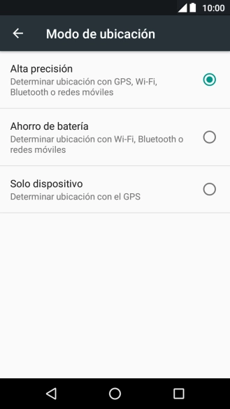 Si seleccionas Alta precisión, el teléfono podrá encontrar tu posición exacta con ayuda de los satélites GPS, la red móvil y una red wifi cercana. El GPS por satélite requiere vista libre al cielo.