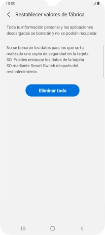Pulsa Eliminar todo. Espera unos instantes mientras el teléfono restablece la configuración predeterminada. Sigue las indicaciones de la pantalla para configurar el teléfono y dejarlo listo para su uso. Pulsa Eliminar todo. Espera unos instantes mientras el teléfono restablece la configuración predeterminada. Sigue las indicaciones de la pantalla para configurar el teléfono y dejarlo listo para su uso.