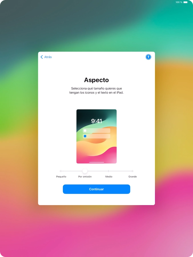 Selecciona el tamaño de letra y de los iconos que debe tener la tablet y pulsa Continuar. Selecciona el tamaño de letra y de los iconos que debe tener la tablet y pulsa Continuar.