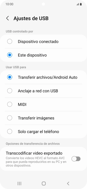 Pulsa Transferir archivos/Android Auto. Pulsa Transferir archivos/Android Auto.