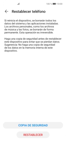 Pulsa RESTABLECER. Espera unos instantes mientras el teléfono restablece la configuración predeterminada. Sigue las indicaciones de la pantalla para configurar el teléfono y dejarlo listo para su uso. Pulsa RESTABLECER. Espera unos instantes mientras el teléfono restablece la configuración predeterminada. Sigue las indicaciones de la pantalla para configurar el teléfono y dejarlo listo para su uso.
